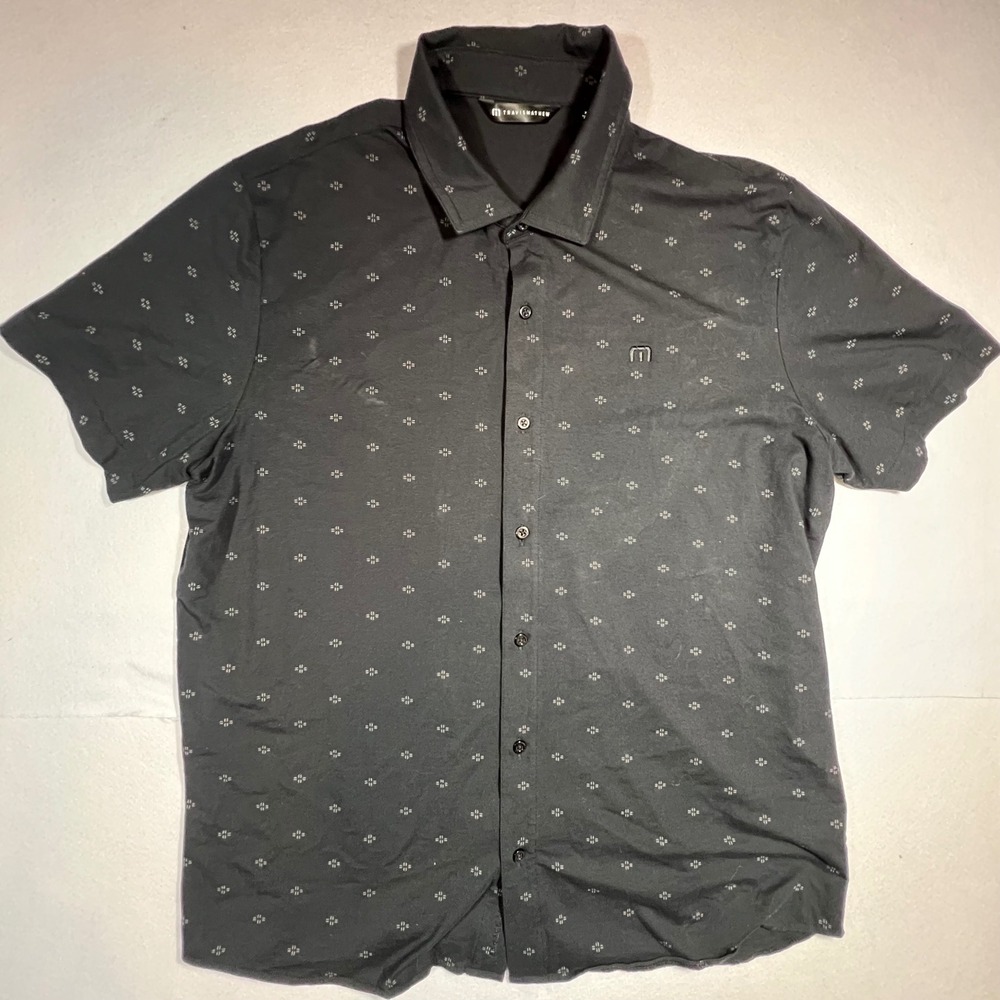 TravisMathew Mens Black Geometric Diamond Print Short Sleeve Button Down XL